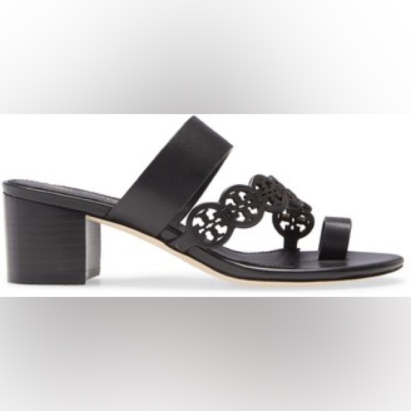 Tory Burch Tiny Miller 55mm Toe Ring Heeled Sandal Black Calf Leather - Picture 10 of 11